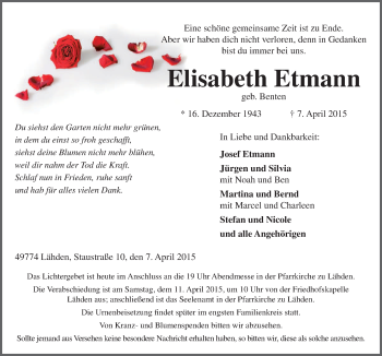 Traueranzeige von Elisabeth Etmann von Neue Osnabrücker Zeitung GmbH & Co. KG