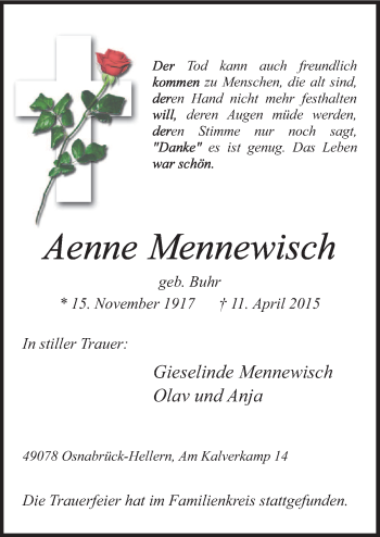 Traueranzeige von Aenne Mennewisch von Neue Osnabrücker Zeitung GmbH & Co. KG