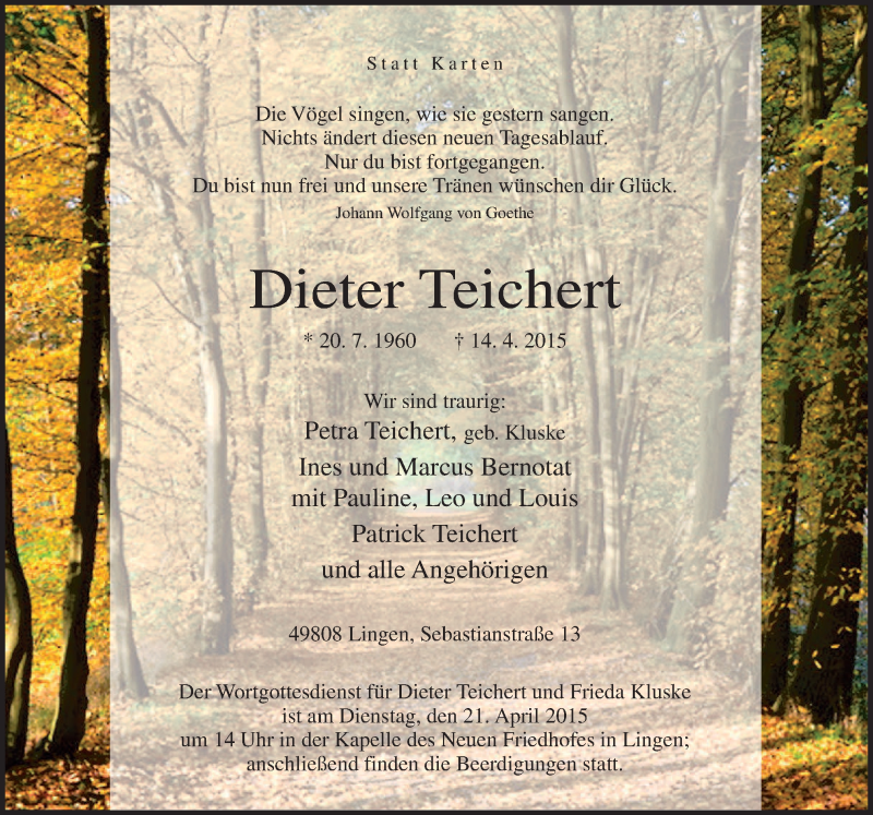  Traueranzeige für Dieter Teichert vom 20.04.2015 aus Neue Osnabrücker Zeitung GmbH & Co. KG