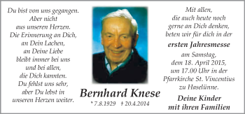 Traueranzeige von Bernhard Knese von Neue Osnabrücker Zeitung GmbH & Co. KG