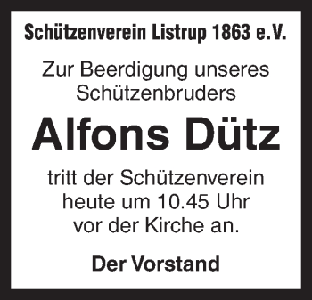 Traueranzeige von Alfons Dütz von Neue Osnabrücker Zeitung GmbH & Co. KG