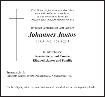 Traueranzeige von Johannes Jantos von Neue Osnabrücker Zeitung GmbH & Co. KG