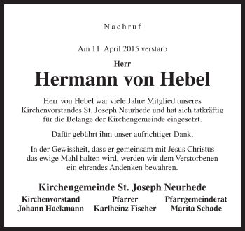 Traueranzeige von Hermann von Hebel von Neue Osnabrücker Zeitung GmbH & Co. KG