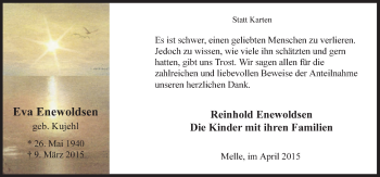 Traueranzeige von Eva Enewoldse von Neue Osnabrücker Zeitung GmbH & Co. KG