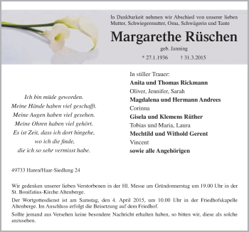 Traueranzeige von Margarethe Rüschen von Neue Osnabrücker Zeitung GmbH & Co. KG