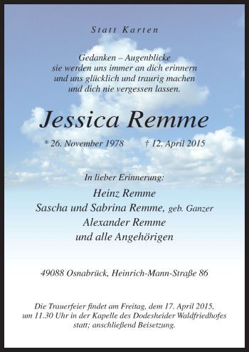 Traueranzeige von Jessica Remme von Neue Osnabrücker Zeitung GmbH & Co. KG