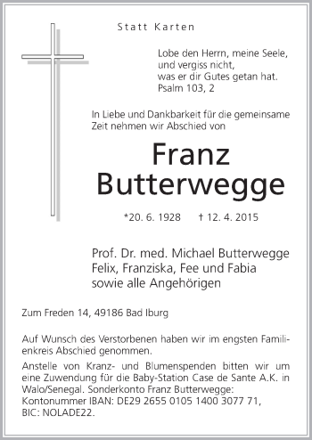 Traueranzeige von Franz Butterwegge von Neue Osnabrücker Zeitung GmbH & Co. KG