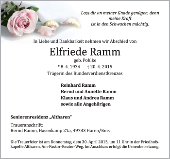 Traueranzeige von Elfriede Ramm von Neue Osnabrücker Zeitung GmbH & Co. KG