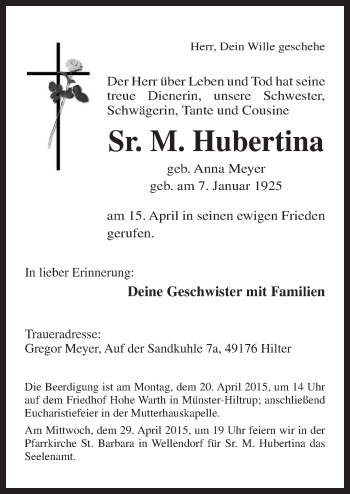 Traueranzeige von Sr. M. Hubertina von Neue Osnabrücker Zeitung GmbH & Co. KG