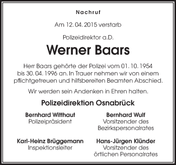Traueranzeige von Werner Baars von Neue Osnabrücker Zeitung GmbH & Co. KG