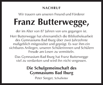 Traueranzeige von Franz Butterwegge von Neue Osnabrücker Zeitung GmbH & Co. KG