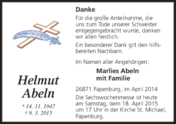 Traueranzeige von Helmut Abeln von Neue Osnabrücker Zeitung GmbH & Co. KG