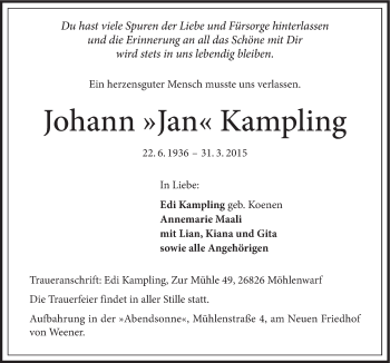 Traueranzeige von Johann Kampling von Neue Osnabrücker Zeitung GmbH & Co. KG