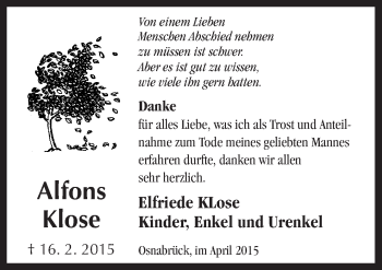 Traueranzeige von Alfons Klose von Neue Osnabrücker Zeitung GmbH & Co. KG