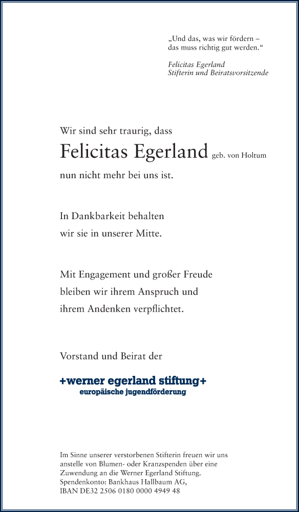  Traueranzeige für Felicitas Egerland vom 27.04.2015 aus Neue Osnabrücker Zeitung GmbH & Co. KG