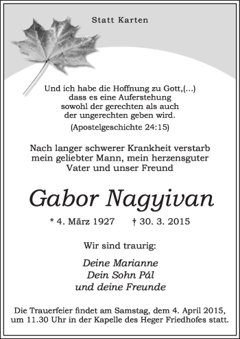 Traueranzeige von Gabor Nagyivan von Neue Osnabrücker Zeitung GmbH & Co. KG