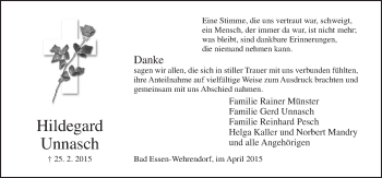 Traueranzeige von Hildegard Unnasch von Neue Osnabrücker Zeitung GmbH & Co. KG