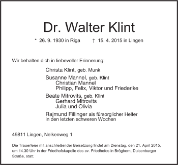 Traueranzeige von Walter Klint von Neue Osnabrücker Zeitung GmbH & Co. KG