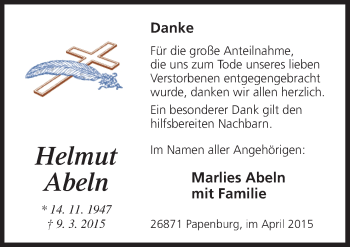 Traueranzeige von Helmut Abeln von Neue Osnabrücker Zeitung GmbH & Co. KG