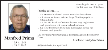 Traueranzeige von Manfred Prima von Neue Osnabrücker Zeitung GmbH & Co. KG