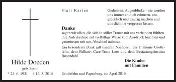 Traueranzeige von Hilde Doeden von Neue Osnabrücker Zeitung GmbH & Co. KG