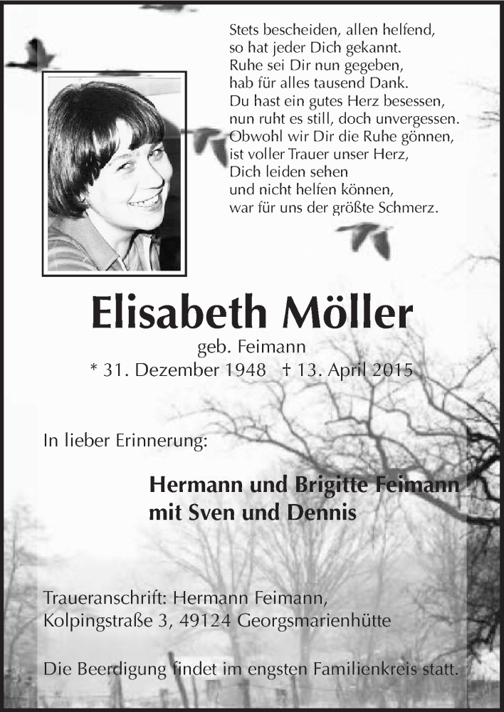  Traueranzeige für Elisabeth Möller vom 20.04.2015 aus Neue Osnabrücker Zeitung GmbH & Co. KG