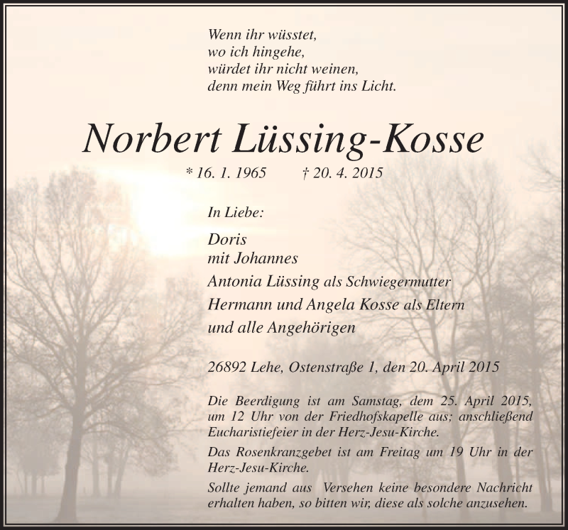  Traueranzeige für Norbert Lüssing-Kosse vom 22.04.2015 aus Neue Osnabrücker Zeitung GmbH & Co. KG