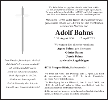 Traueranzeige von Adolf Bahns von Neue Osnabrücker Zeitung GmbH & Co. KG