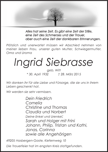 Traueranzeige von Ingrid Siebrasse von Neue Osnabrücker Zeitung GmbH & Co. KG