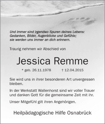 Traueranzeige von Jessica Remme von Neue Osnabrücker Zeitung GmbH & Co. KG