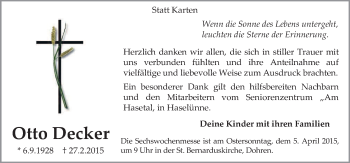 Traueranzeige von Otto Decker von Neue Osnabrücker Zeitung GmbH & Co. KG