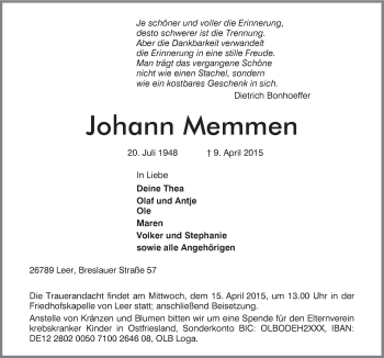 Traueranzeige von Johann Memmen von Neue Osnabrücker Zeitung GmbH & Co. KG