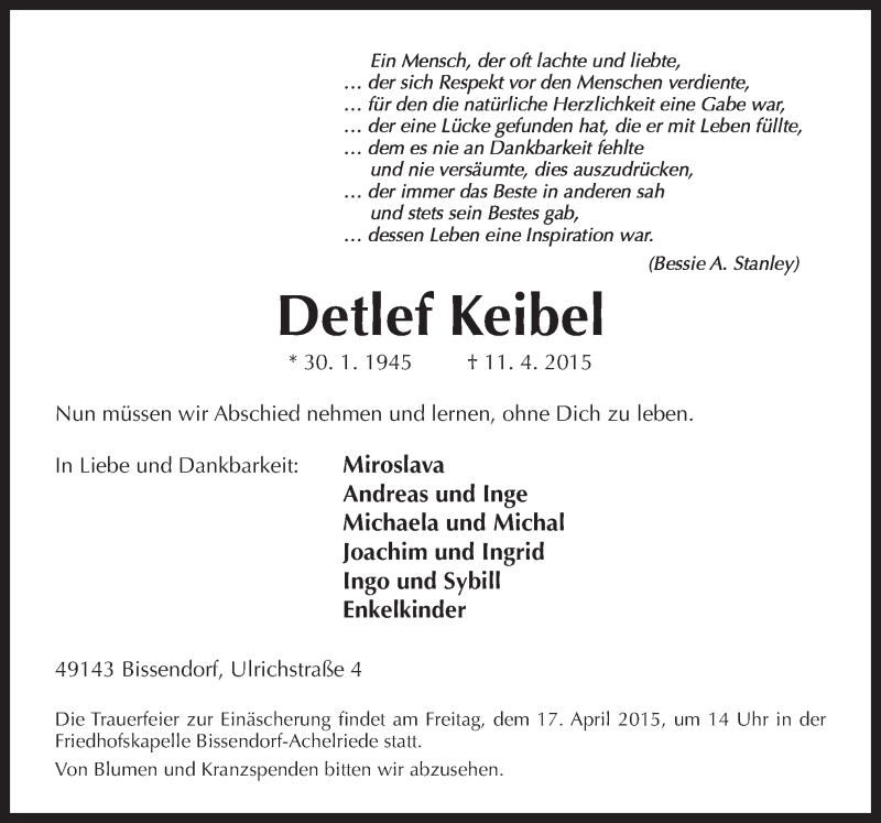  Traueranzeige für Detlef Keibel vom 14.04.2015 aus Neue Osnabrücker Zeitung GmbH & Co. KG