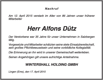 Traueranzeige von Alfons Dütz von Neue Osnabrücker Zeitung GmbH & Co. KG