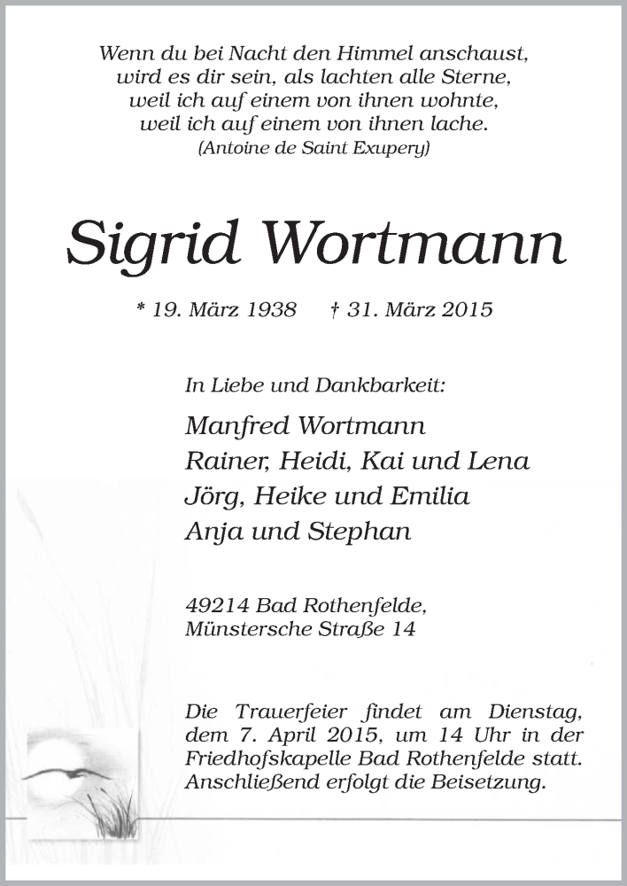  Traueranzeige für Sigrid Wortmann vom 02.04.2015 aus Neue Osnabrücker Zeitung GmbH & Co. KG