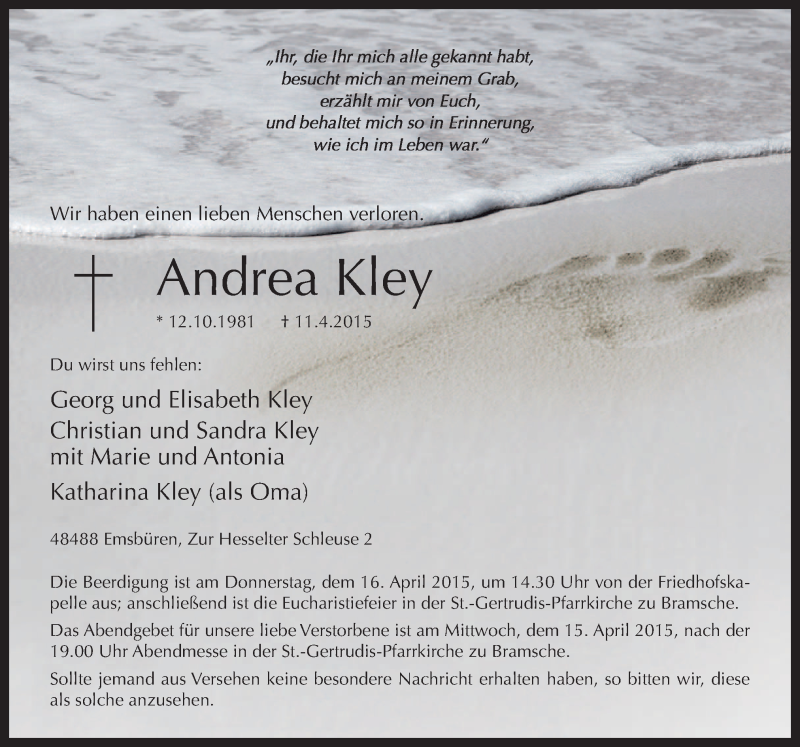  Traueranzeige für Andrea Kley vom 13.04.2015 aus Neue Osnabrücker Zeitung GmbH & Co. KG