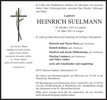 Traueranzeige von Heinrich Suelmann von Neue Osnabrücker Zeitung GmbH & Co. KG