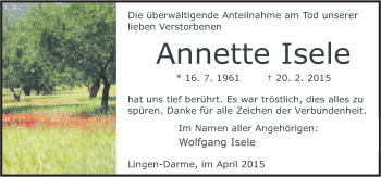 Traueranzeige von Annette Isele von Neue Osnabrücker Zeitung GmbH & Co. KG