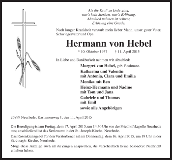 Traueranzeige von Hermann von Hebel von Neue Osnabrücker Zeitung GmbH & Co. KG