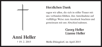 Traueranzeige von Anni Heller von Neue Osnabrücker Zeitung GmbH & Co. KG