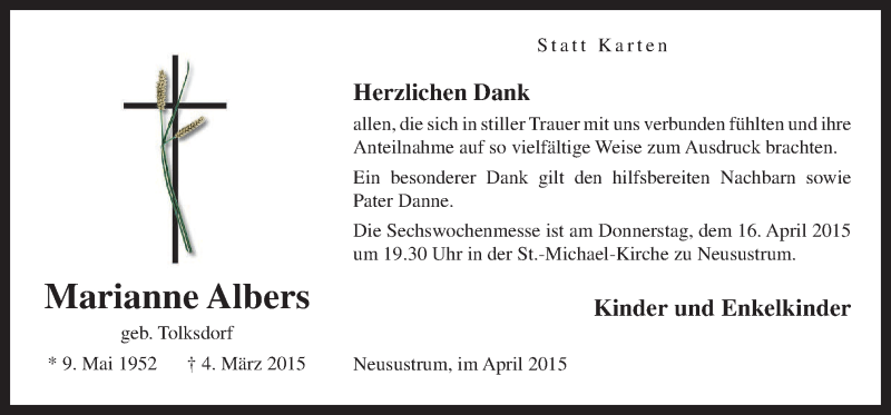  Traueranzeige für Marianne Albers vom 13.04.2015 aus Neue Osnabrücker Zeitung GmbH & Co. KG