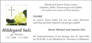 Traueranzeige von Hildegard Sulz von Neue Osnabrücker Zeitung GmbH & Co. KG