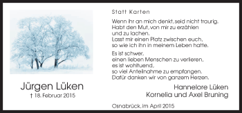 Traueranzeige von Jürgen Lüken von Neue Osnabrücker Zeitung GmbH & Co. KG