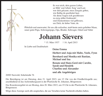 Traueranzeige von Johann Sievers von Neue Osnabrücker Zeitung GmbH & Co. KG