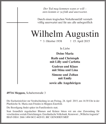 Traueranzeige von Wilhelm Augustin von Neue Osnabrücker Zeitung GmbH & Co. KG