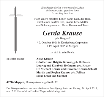 Traueranzeige von Gerda Krause von Neue Osnabrücker Zeitung GmbH & Co. KG