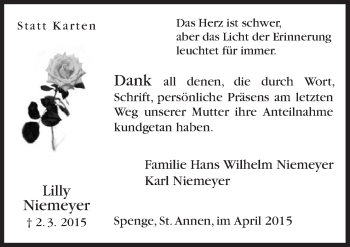 Traueranzeige von Lilly Niemeyer von Neue Osnabrücker Zeitung GmbH & Co. KG