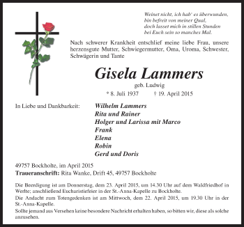 Traueranzeige von Gisela Lammers von Neue Osnabrücker Zeitung GmbH & Co. KG