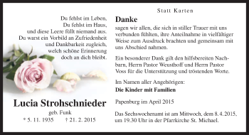 Traueranzeige von Lucia Strohschnieder von Neue Osnabrücker Zeitung GmbH & Co. KG
