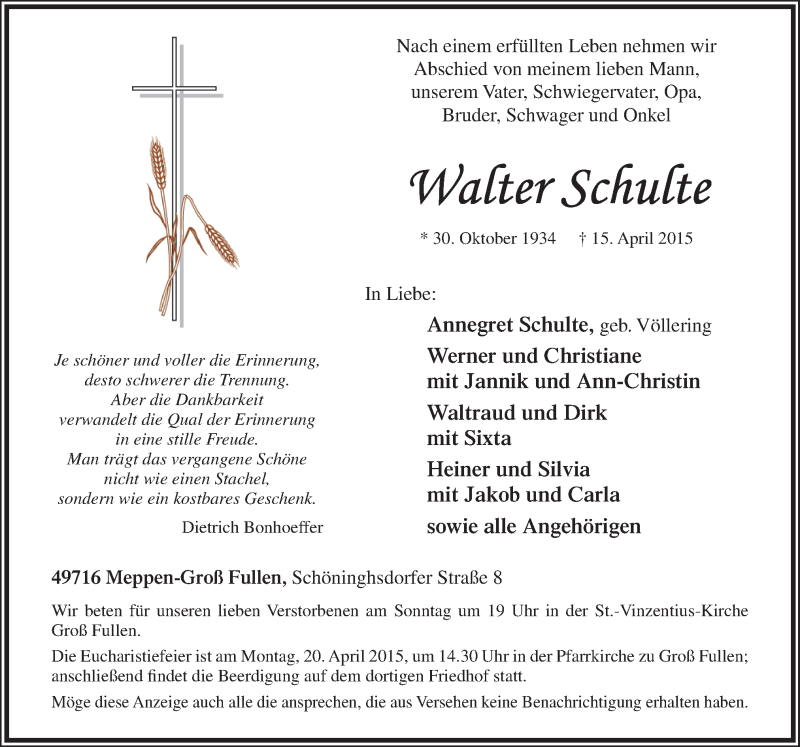  Traueranzeige für Walter Schulte vom 17.04.2015 aus Neue Osnabrücker Zeitung GmbH & Co. KG